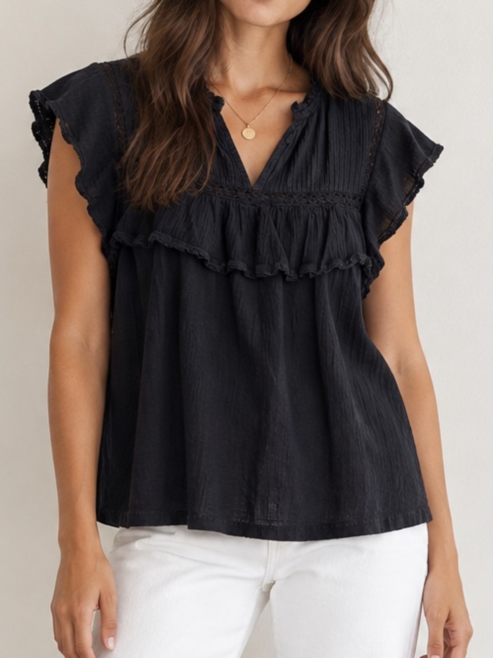 Anthropologie Black Cotton Ruffle Top 1X